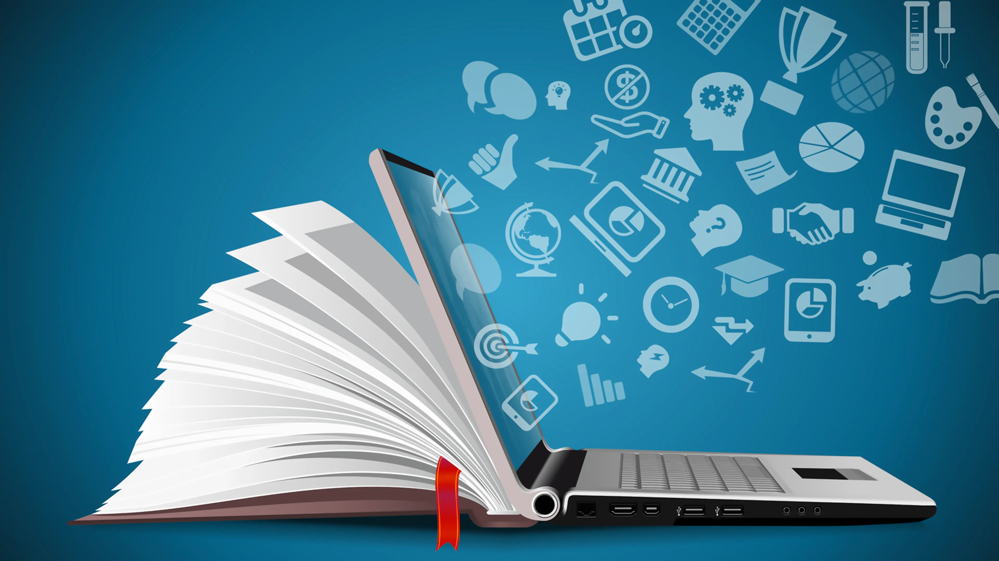 Person studying English with various resources